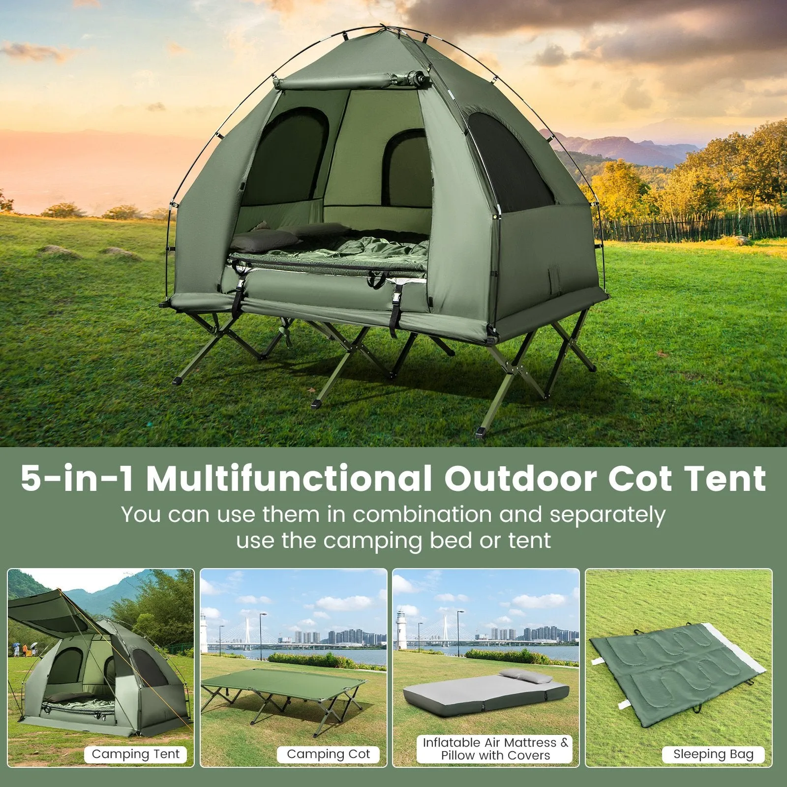 2-Person Camping Tent Cot Folding Camping Bed with Sleeping Bag