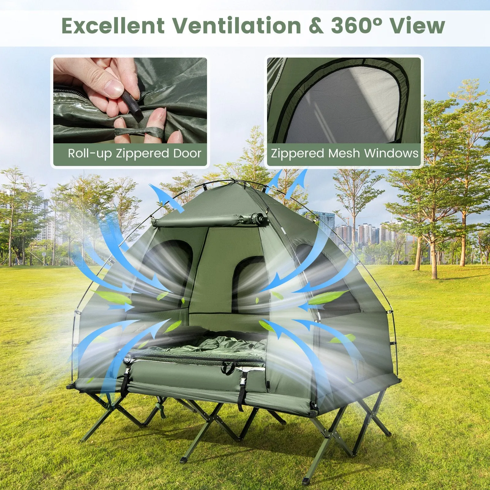 2-Person Camping Tent Cot Folding Camping Bed with Sleeping Bag