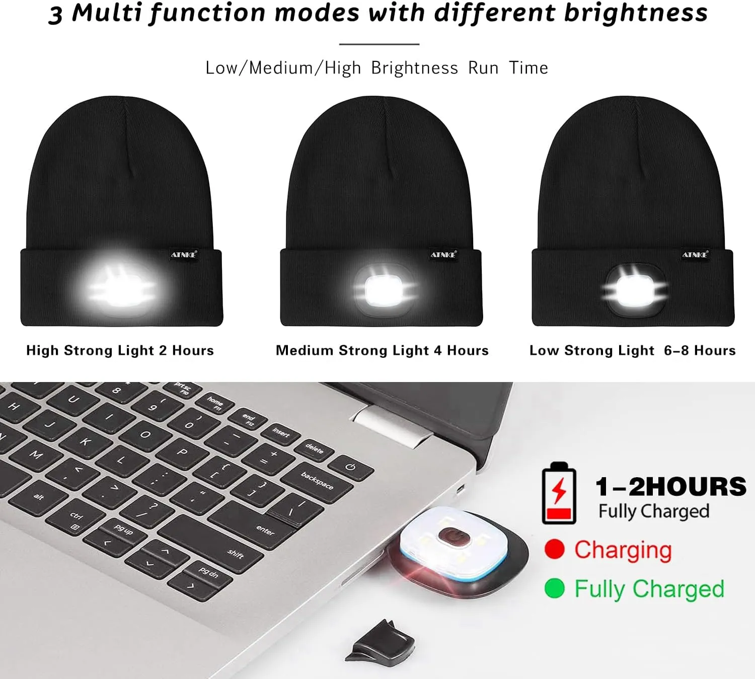 ATNKE LED Lighted Beanie Hat,USB Rechargeable 4 LED Running Headlamp Lined Fleece Cap with Light Gift for Men and Women