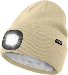 ATNKE LED Lighted Beanie Hat,USB Rechargeable 4 LED Running Headlamp Lined Fleece Cap with Light Gift for Men and Women