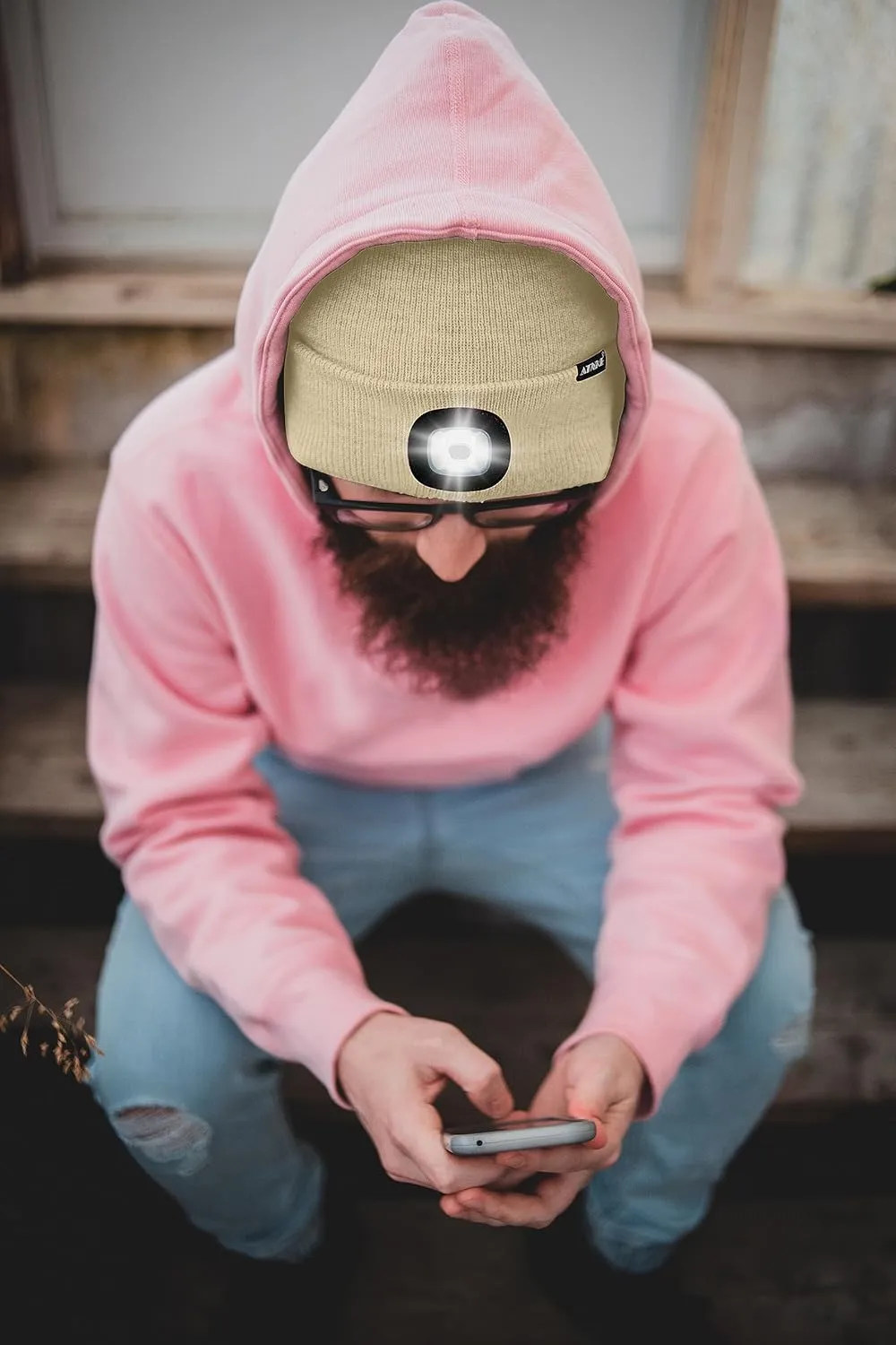 ATNKE LED Lighted Beanie Hat,USB Rechargeable 4 LED Running Headlamp Lined Fleece Cap with Light Gift for Men and Women
