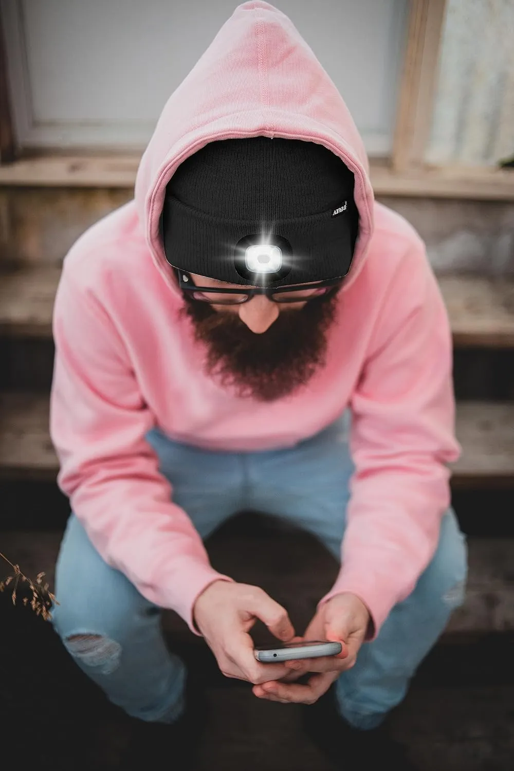 ATNKE LED Lighted Beanie Hat,USB Rechargeable 4 LED Running Headlamp Lined Fleece Cap with Light Gift for Men and Women