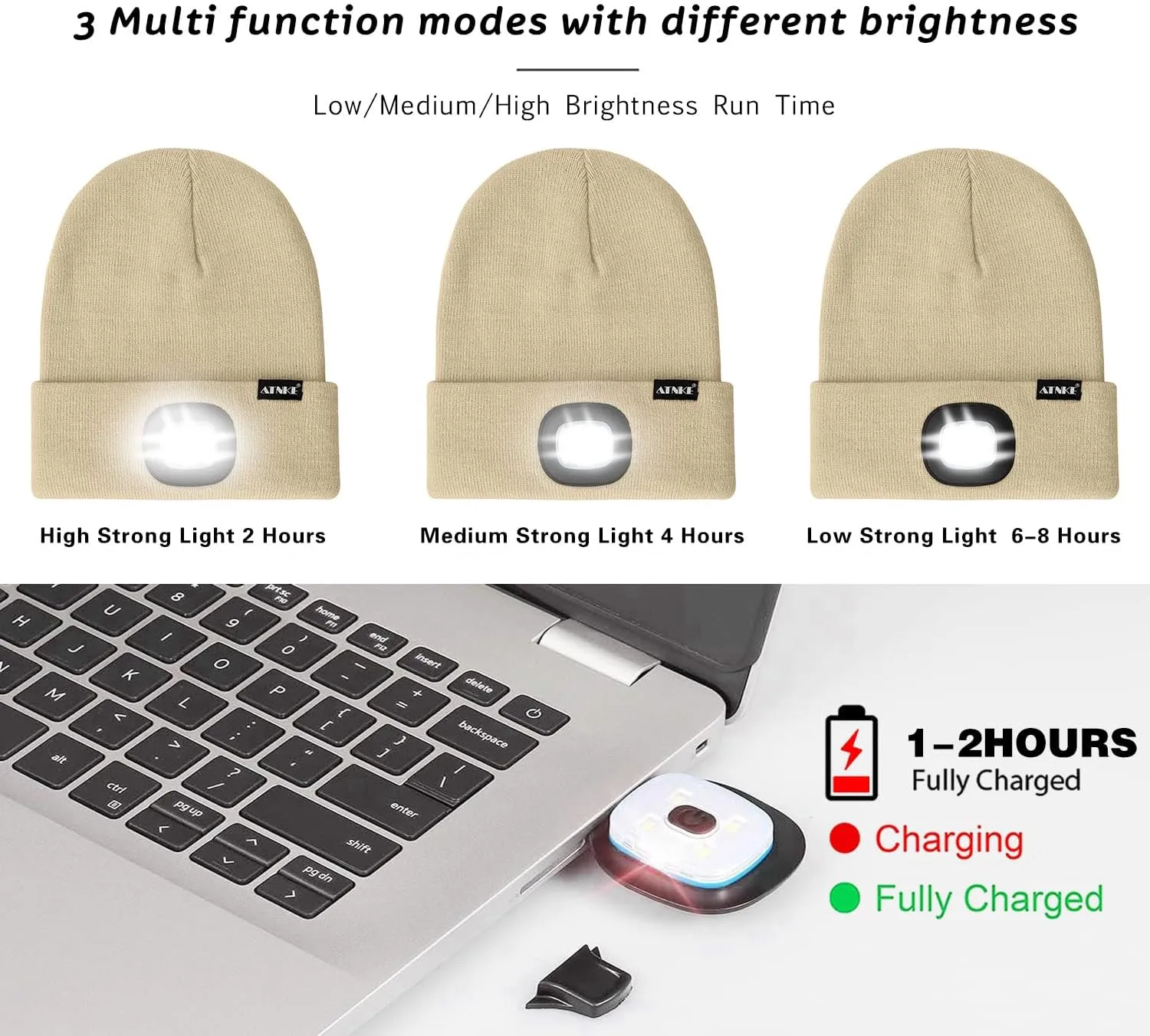 ATNKE LED Lighted Beanie Hat,USB Rechargeable 4 LED Running Headlamp Lined Fleece Cap with Light Gift for Men and Women