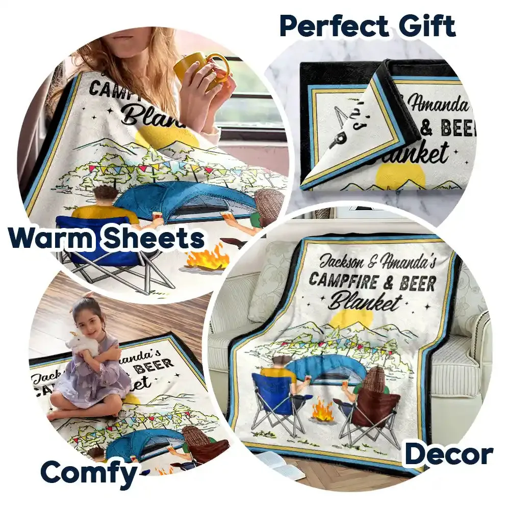 Campfire & Coffee Blanket Camping - Personalized Fleece Blanket, Sherpa Blanket