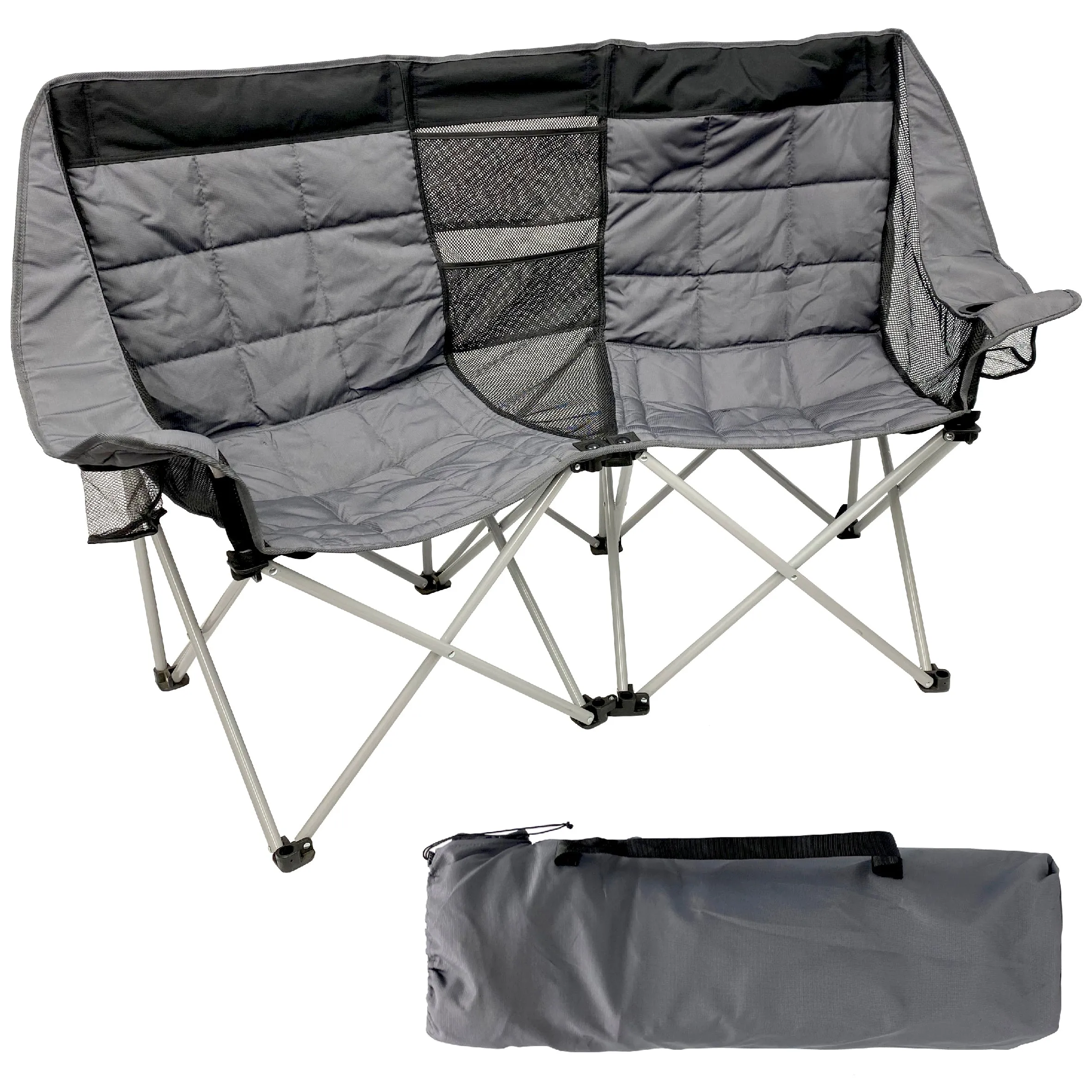 Deluxe Double Camping Chair Loveseat for Adults – Folding Camp Chair – Fits 2 People – Black/Grey