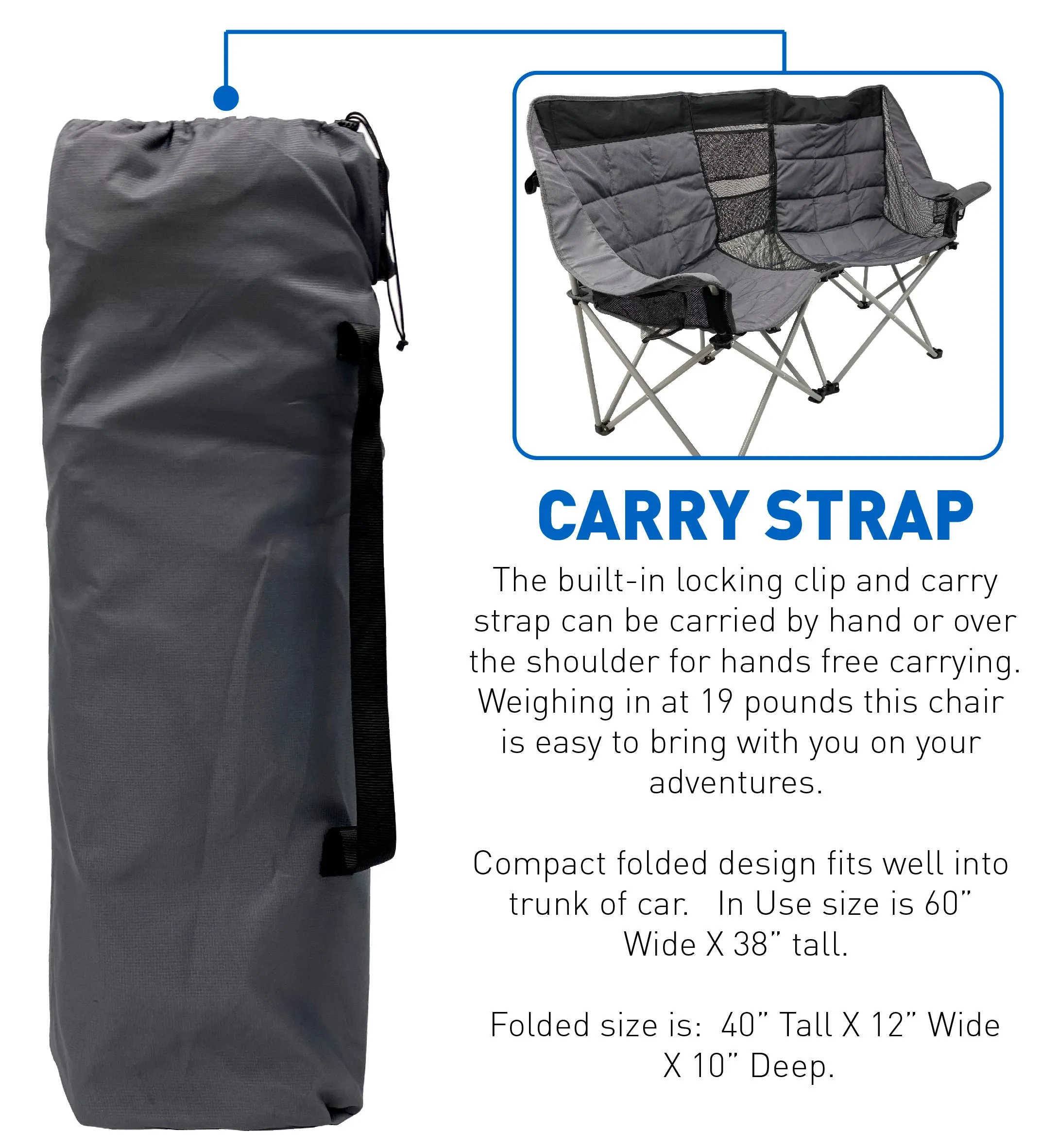 Deluxe Double Camping Chair Loveseat for Adults – Folding Camp Chair – Fits 2 People – Black/Grey