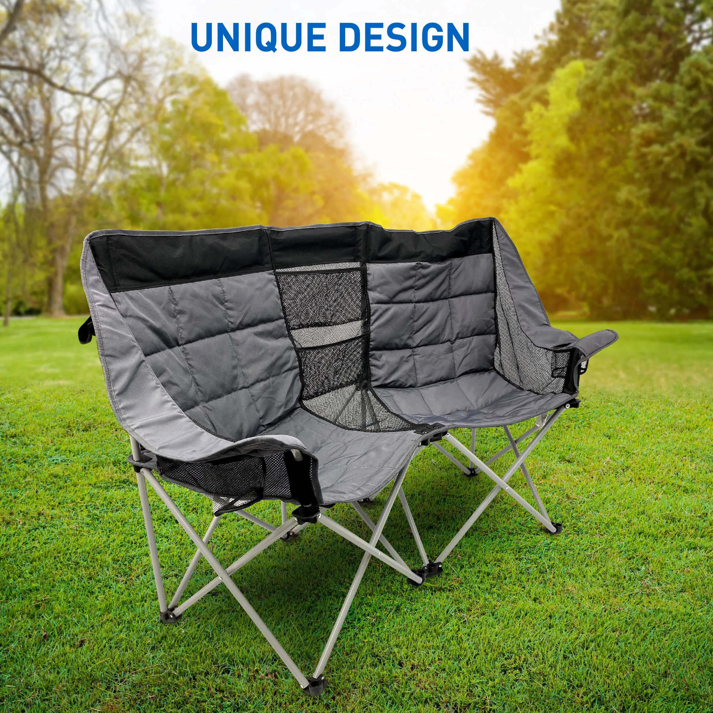 Deluxe Double Camping Chair Loveseat for Adults – Folding Camp Chair – Fits 2 People – Black/Grey