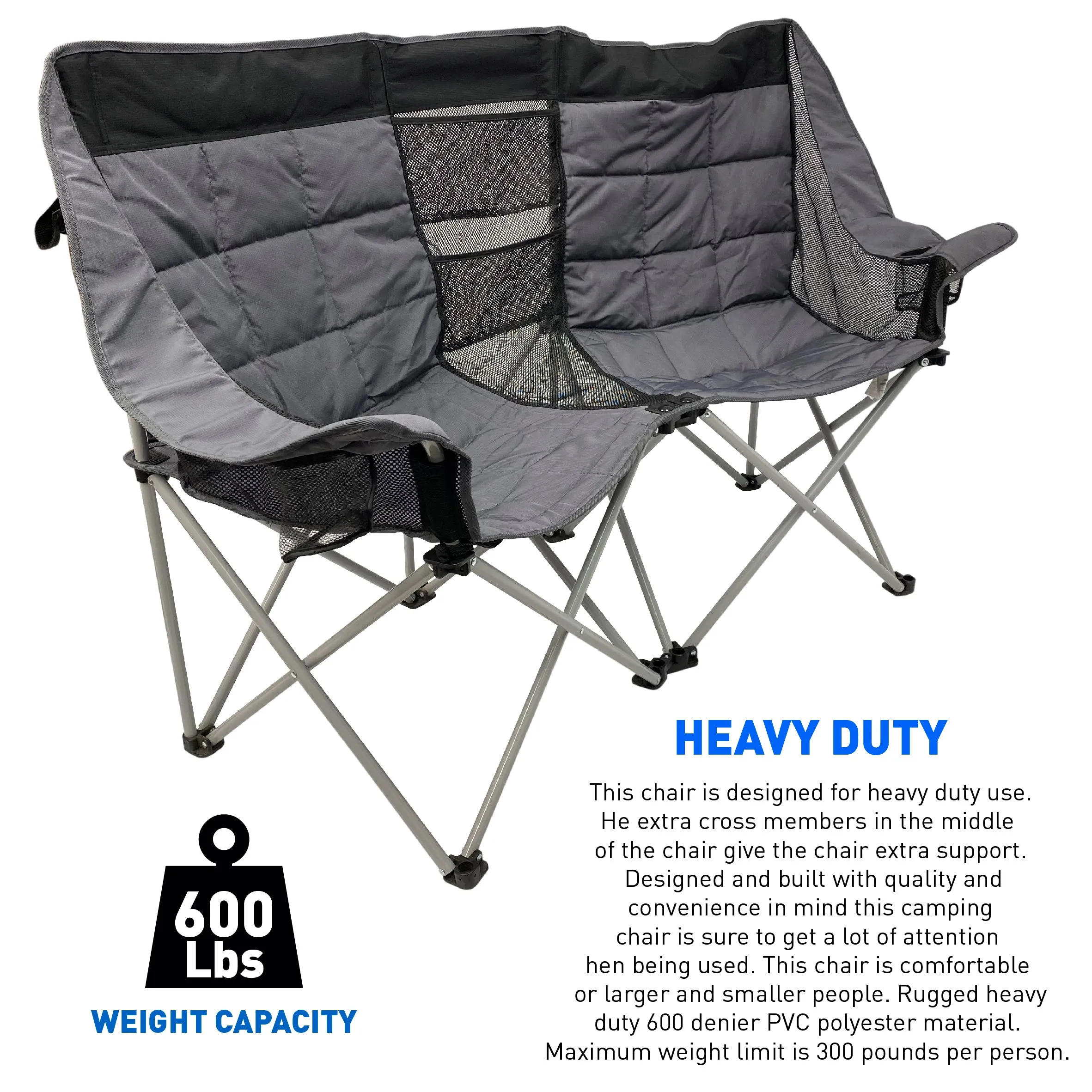 Deluxe Double Camping Chair Loveseat for Adults – Folding Camp Chair – Fits 2 People – Black/Grey