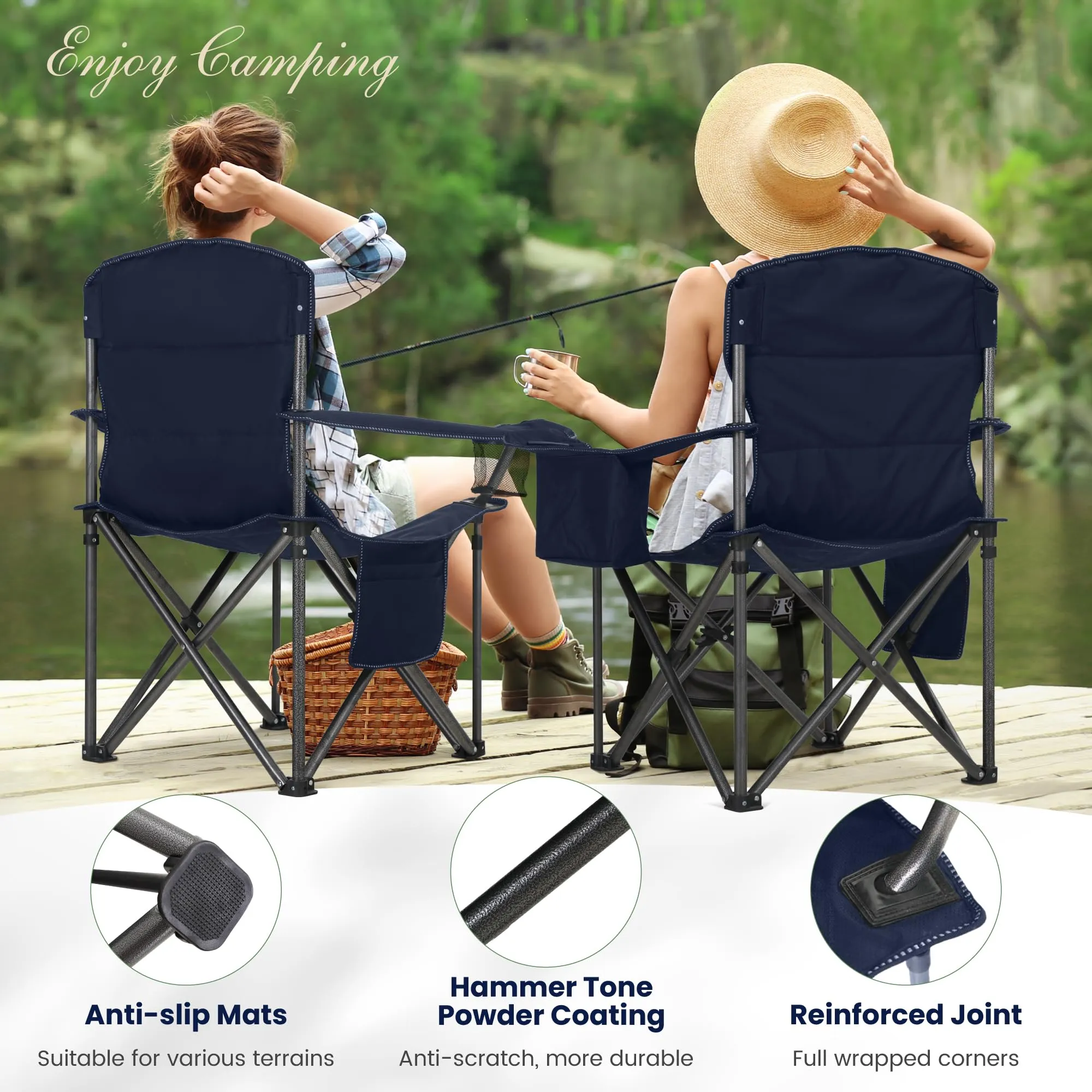 HIGH POINT SPORTS Oversized Portable Camping Folding Chair, Heavy Duty Foldable Outdoor Chair, Camp Chair with Cup Holder and Cooler Bag for Camp, Travel, Support 450 LBS, 2 Pack(Blue)…