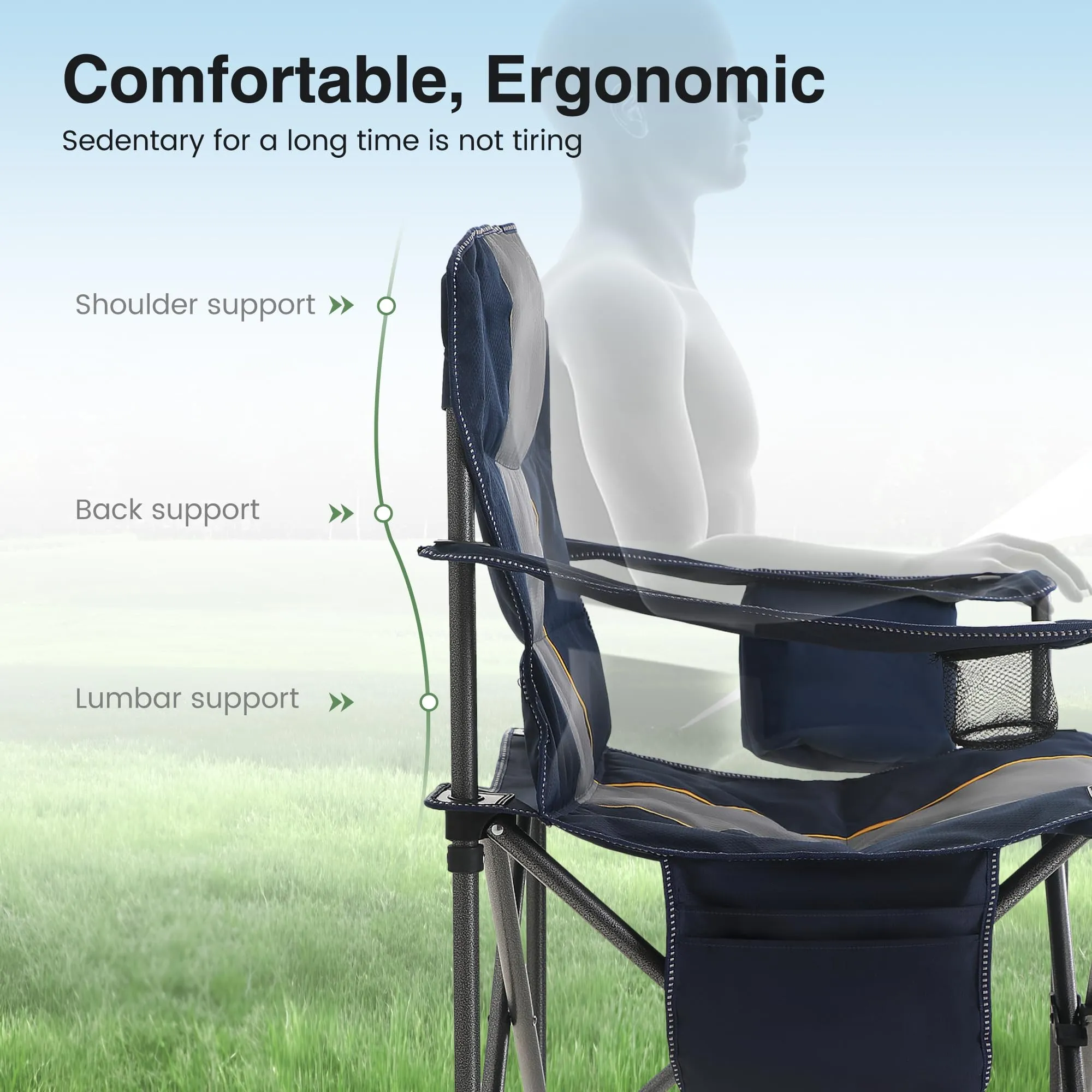 HIGH POINT SPORTS Oversized Portable Camping Folding Chair, Heavy Duty Foldable Outdoor Chair, Camp Chair with Cup Holder and Cooler Bag for Camp, Travel, Support 450 LBS, 2 Pack(Blue)…