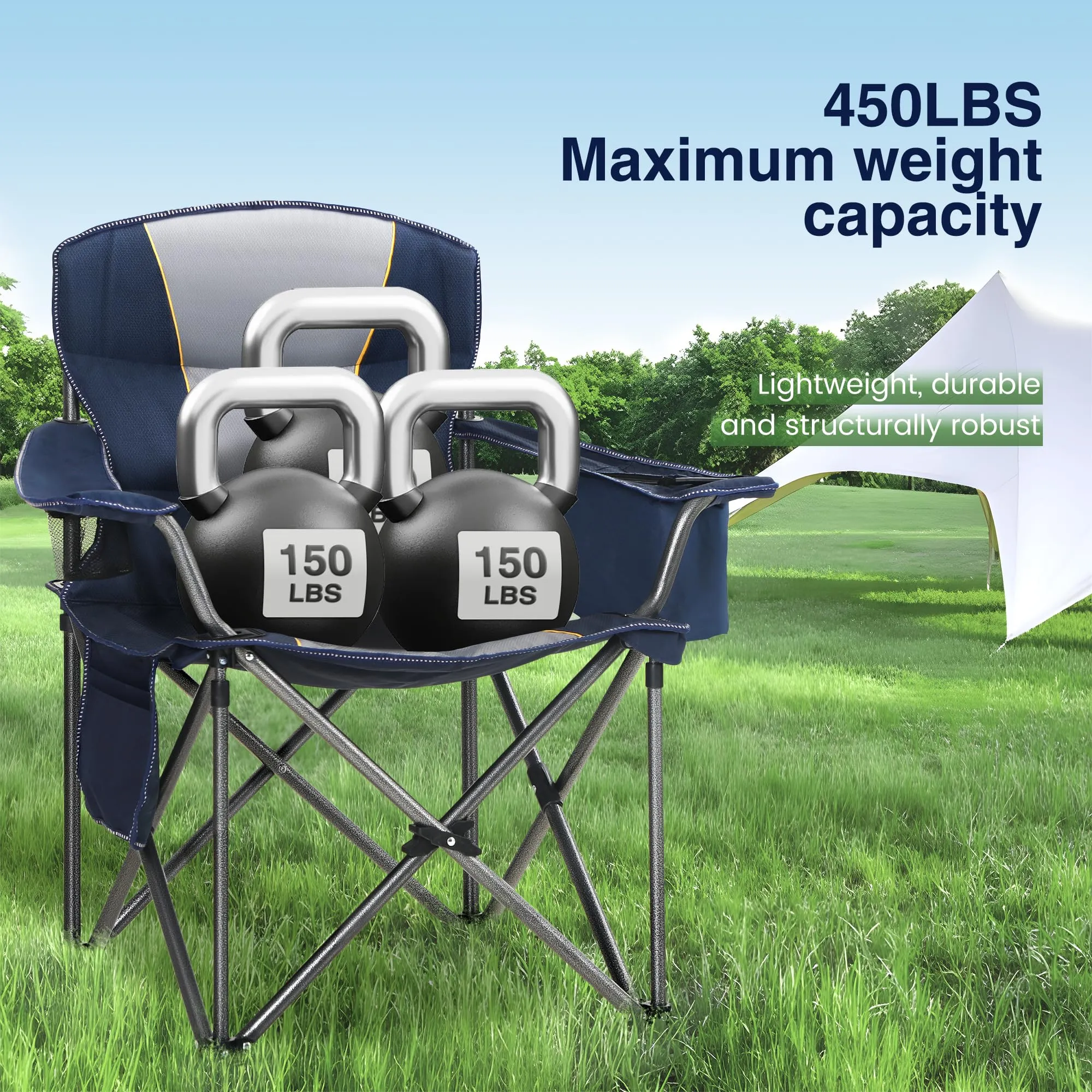 HIGH POINT SPORTS Oversized Portable Camping Folding Chair, Heavy Duty Foldable Outdoor Chair, Camp Chair with Cup Holder and Cooler Bag for Camp, Travel, Support 450 LBS, 2 Pack(Blue)…
