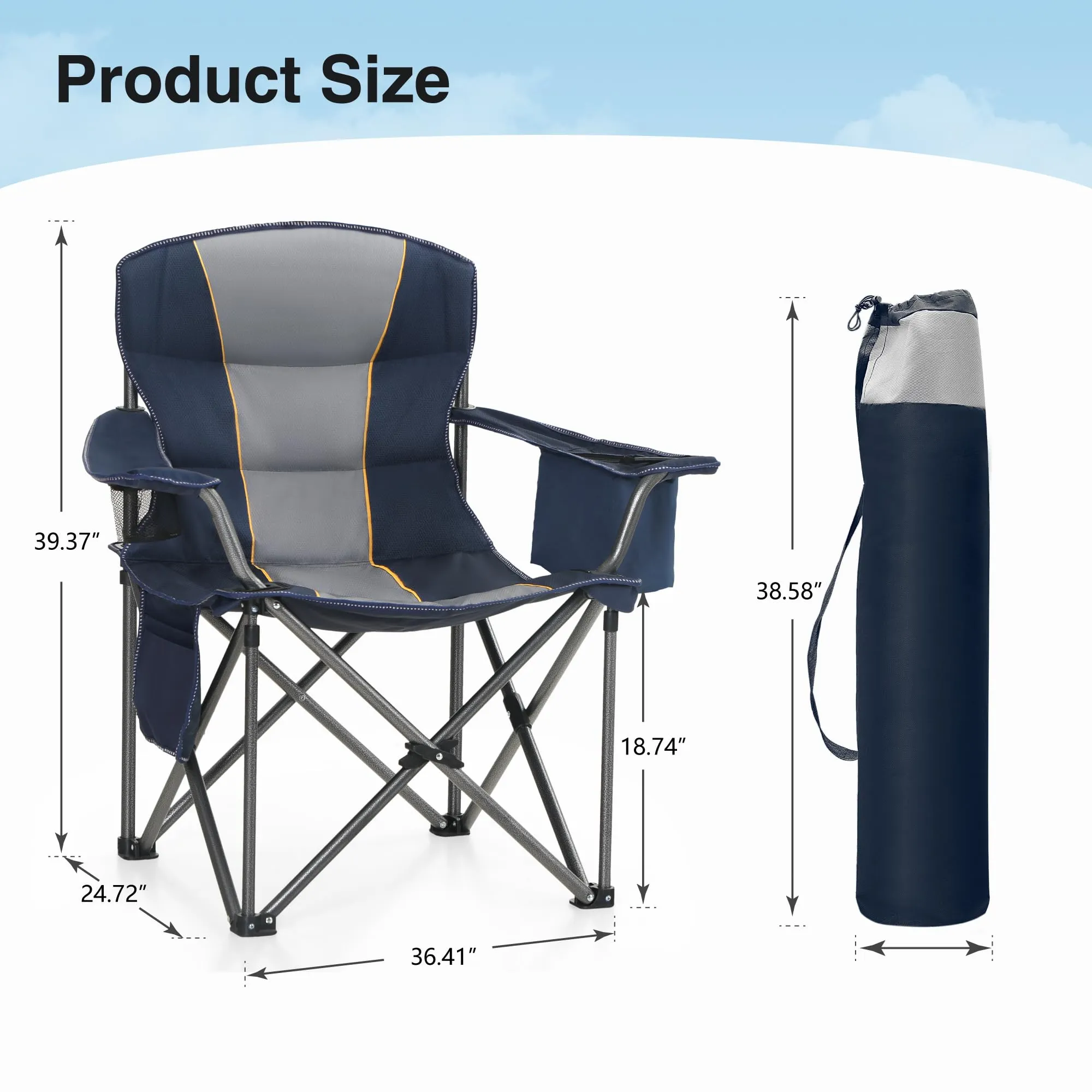 HIGH POINT SPORTS Oversized Portable Camping Folding Chair, Heavy Duty Foldable Outdoor Chair, Camp Chair with Cup Holder and Cooler Bag for Camp, Travel, Support 450 LBS, 2 Pack(Blue)…