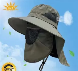 Military Green Outdoor UV Protection Hat for Men - Detachable Face & Neck Shield, Large Brim Sun Hat for Fishing, Hiking, and Outdoor Activities