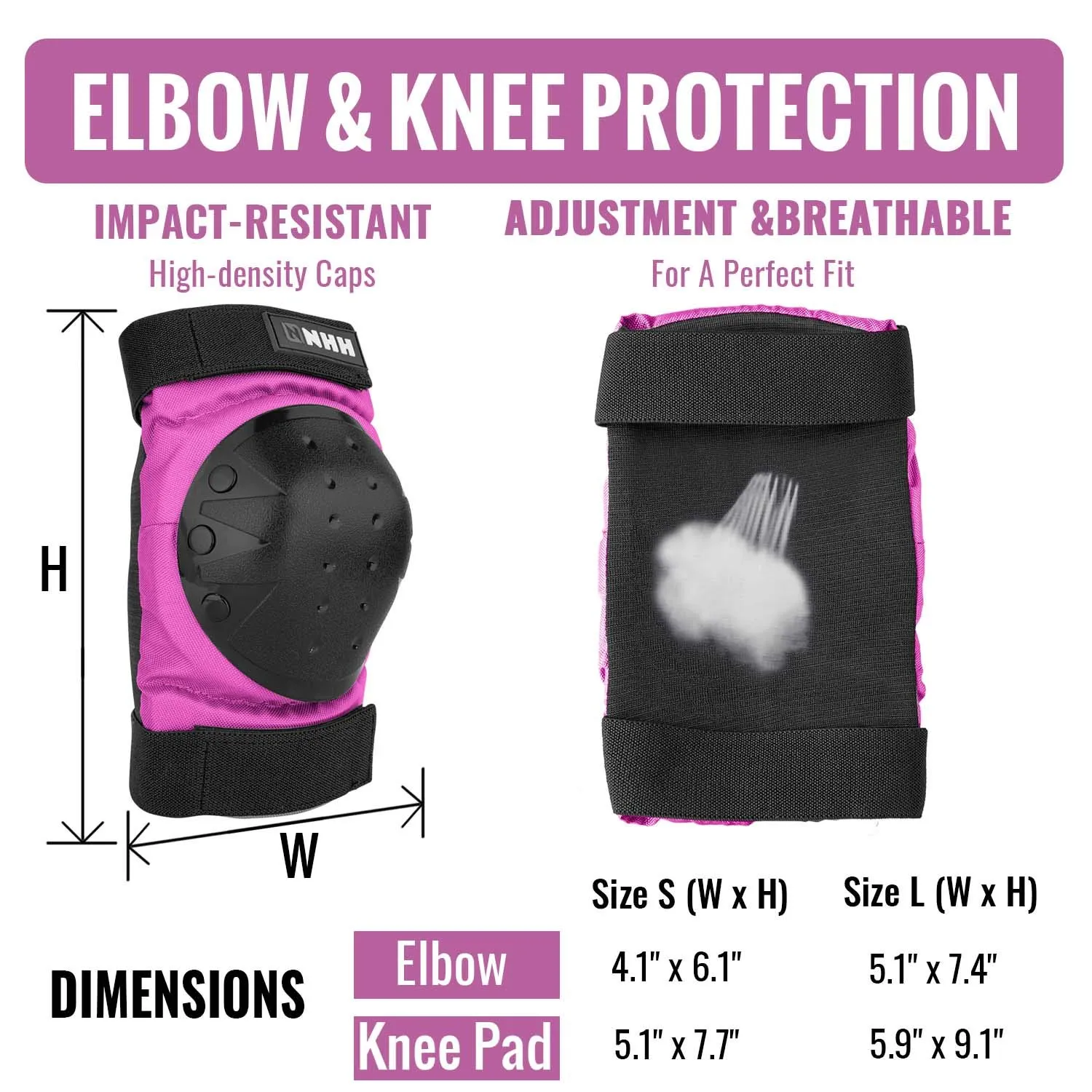 NHH Adult & Kids Knee Pads Elbow Pads Wrist Guards for Kids Youth Adultds Men and Women 6 in 1 Protective Gear Set for Skateboarding, Skating, Roller Skating and Multi-Sports (Pink, Small)
