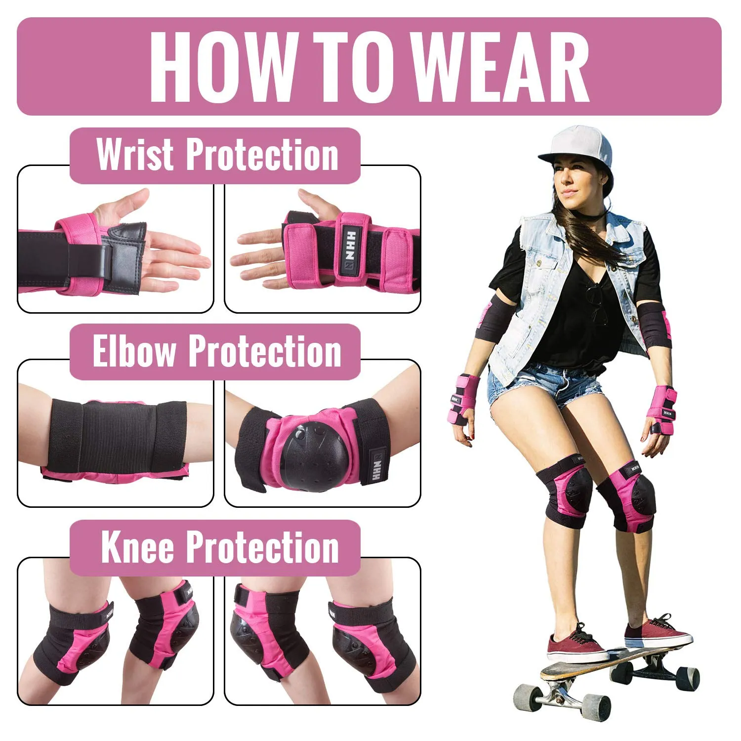 NHH Adult & Kids Knee Pads Elbow Pads Wrist Guards for Kids Youth Adultds Men and Women 6 in 1 Protective Gear Set for Skateboarding, Skating, Roller Skating and Multi-Sports (Pink, Small)