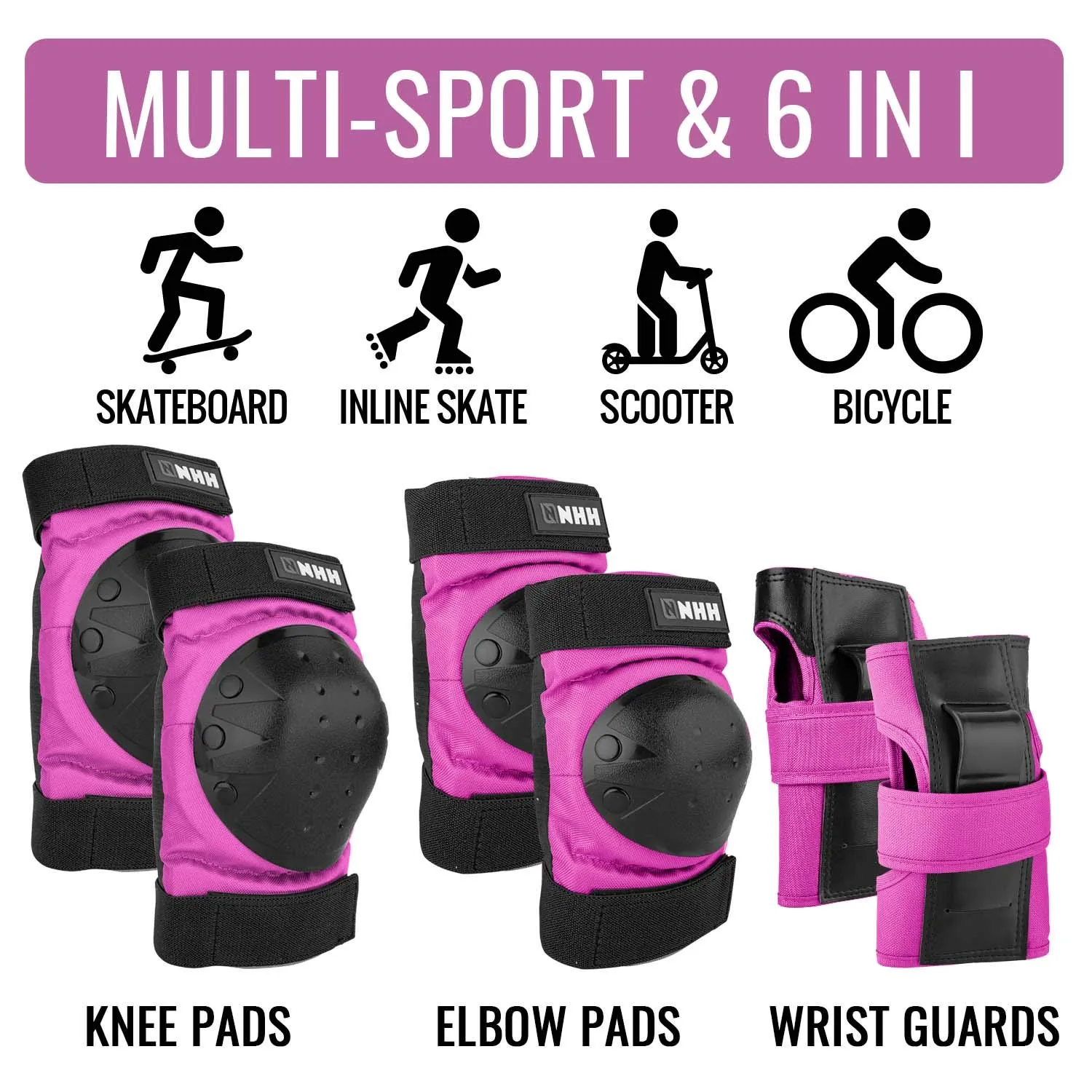 NHH Adult & Kids Knee Pads Elbow Pads Wrist Guards for Kids Youth Adultds Men and Women 6 in 1 Protective Gear Set for Skateboarding, Skating, Roller Skating and Multi-Sports (Pink, Small)