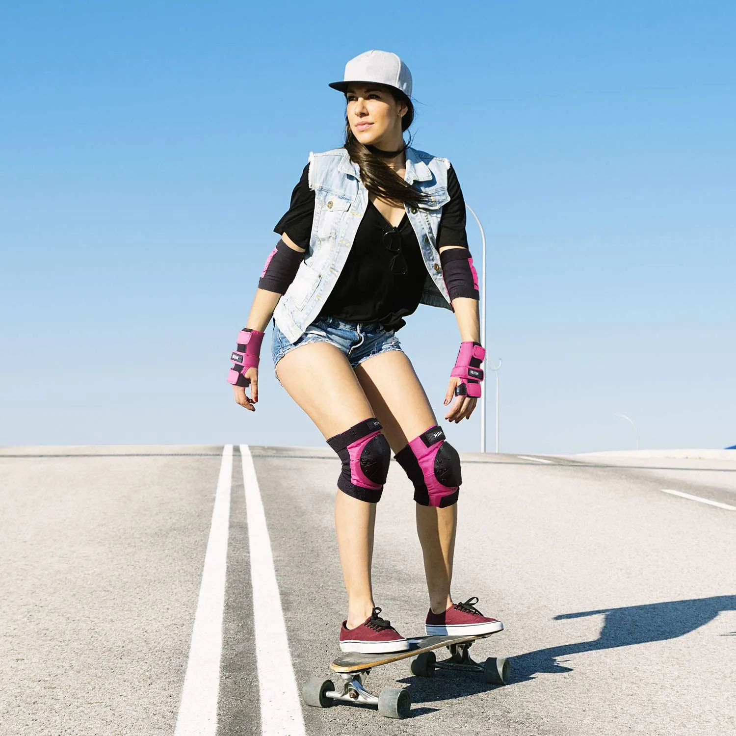 NHH Adult & Kids Knee Pads Elbow Pads Wrist Guards for Kids Youth Adultds Men and Women 6 in 1 Protective Gear Set for Skateboarding, Skating, Roller Skating and Multi-Sports (Pink, Small)