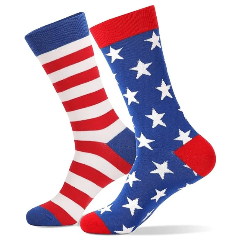 Patterned Crew Socks With Striped And Star Designs