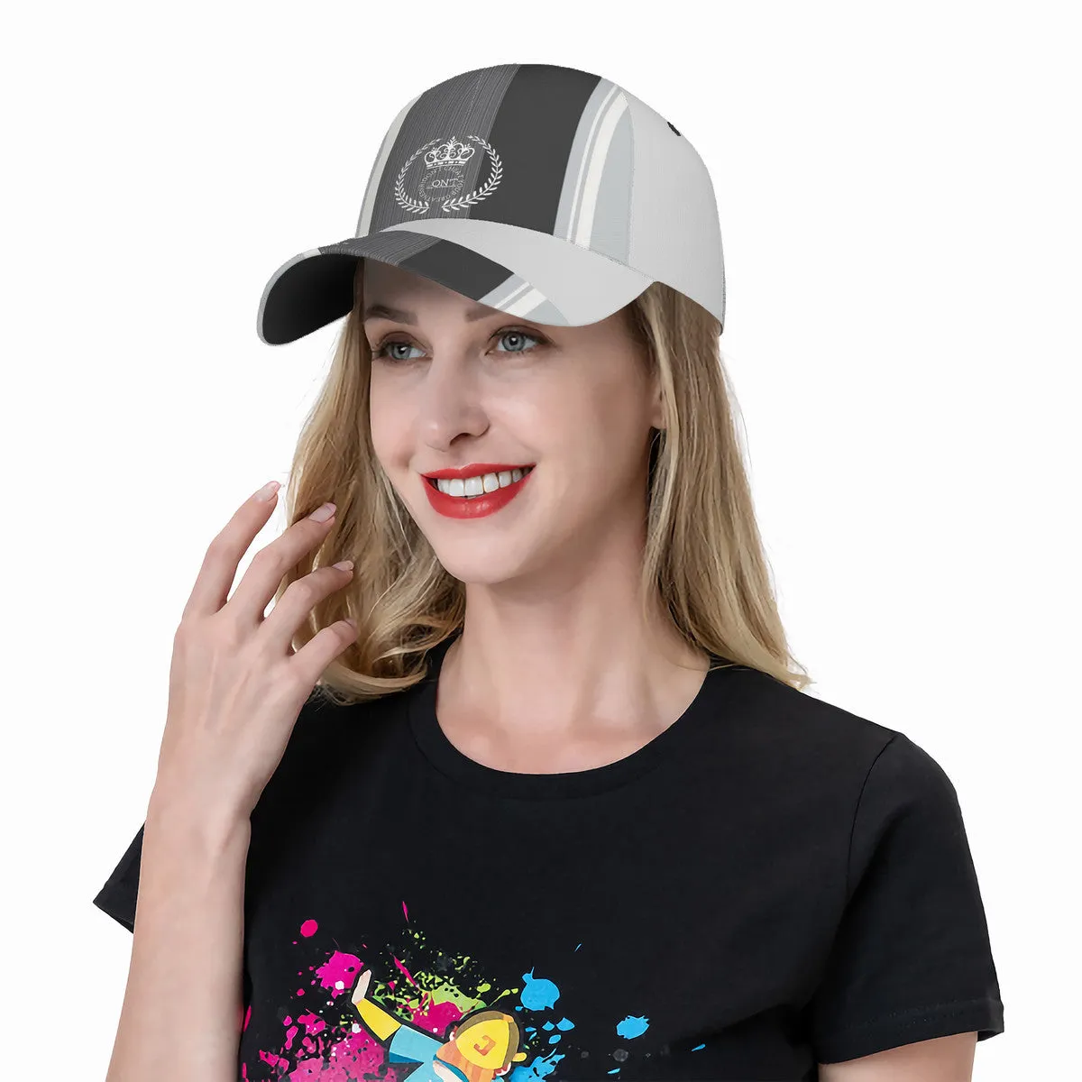 Royalty 24 White Logo, Stripes  & Grey Curved Brim Baseball Cap (AOP)