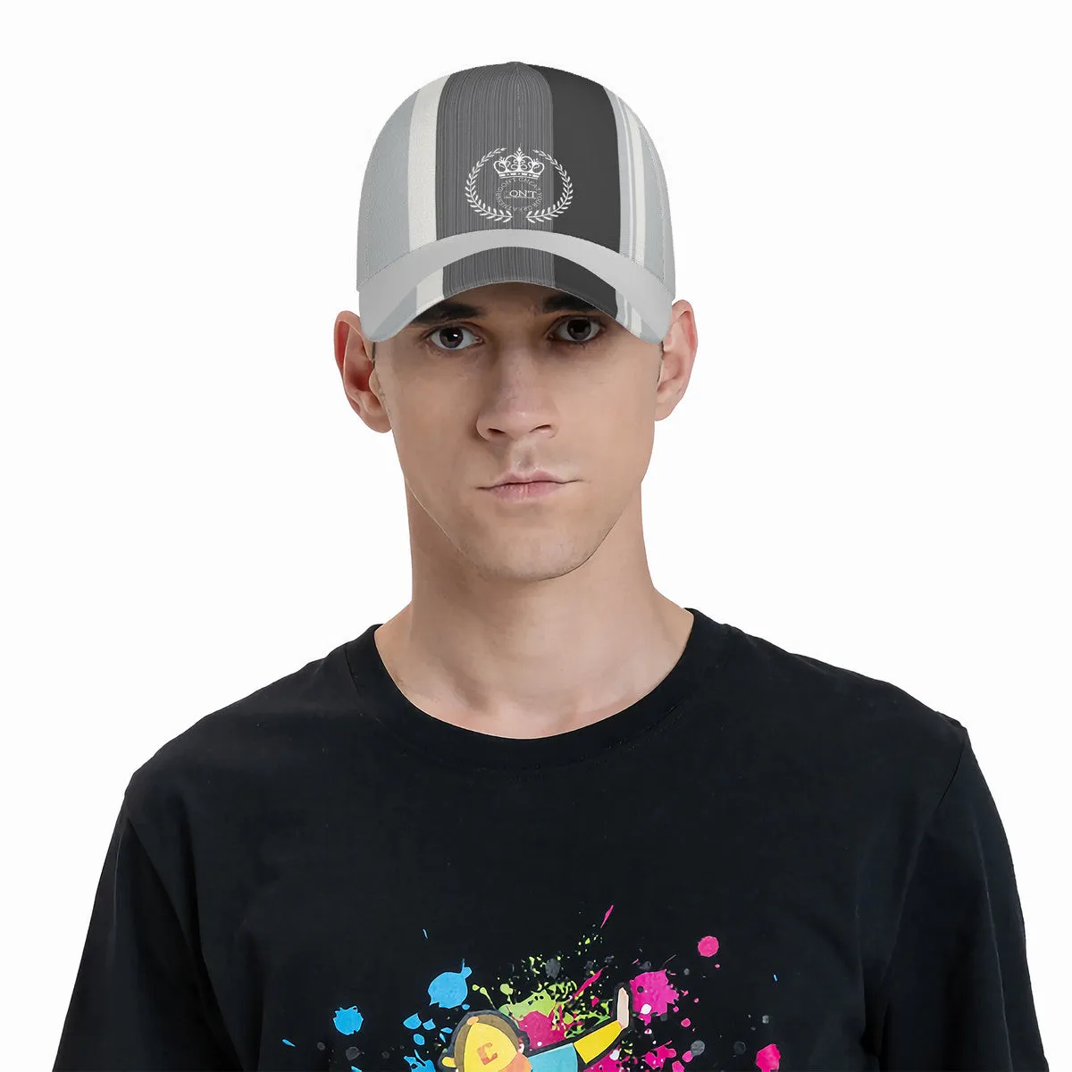 Royalty 24 White Logo, Stripes  & Grey Curved Brim Baseball Cap (AOP)