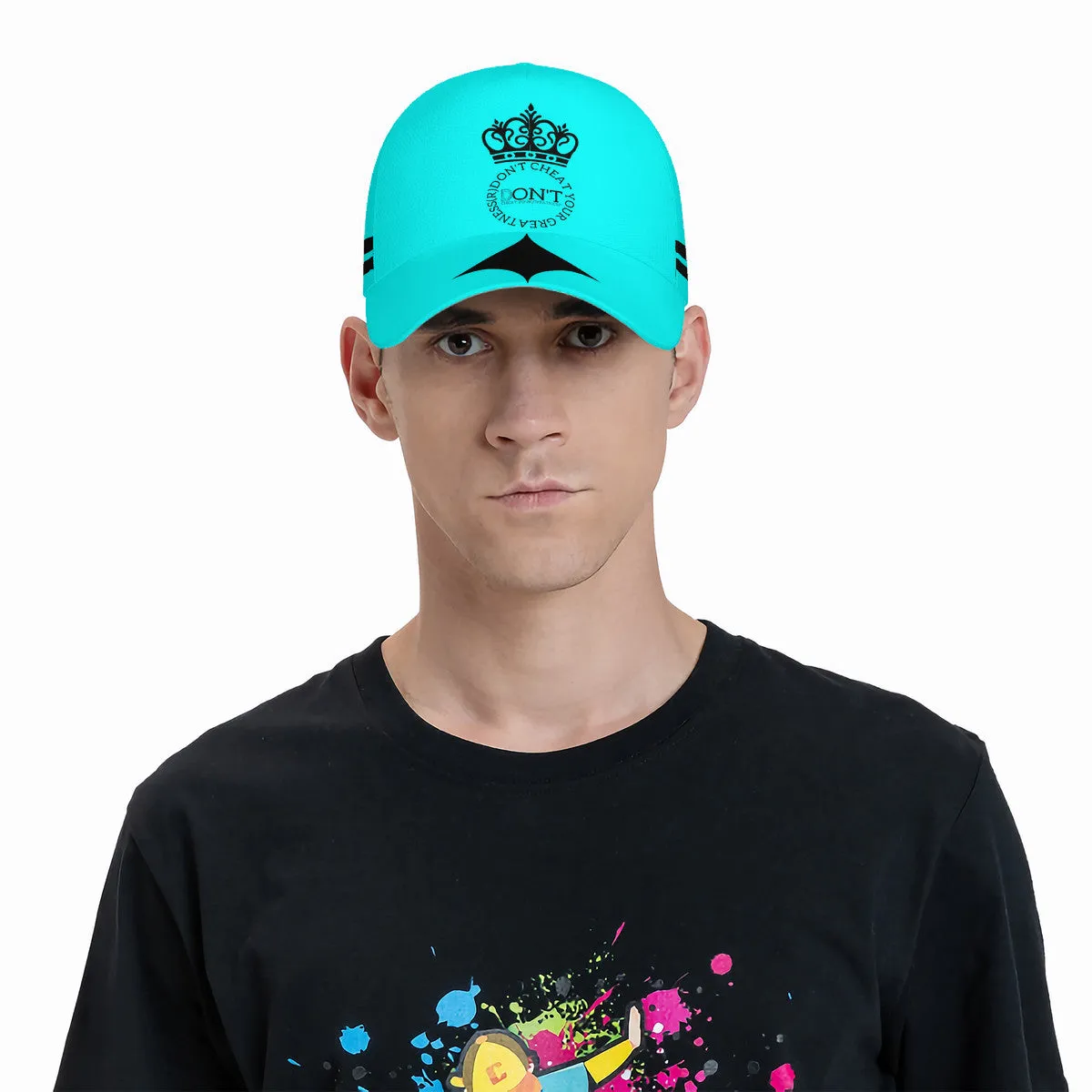 Royalty DON'T D4XV Black Logo, Stripes,  Designs & Turquoise  Curved Brim Baseball Cap (AOP)