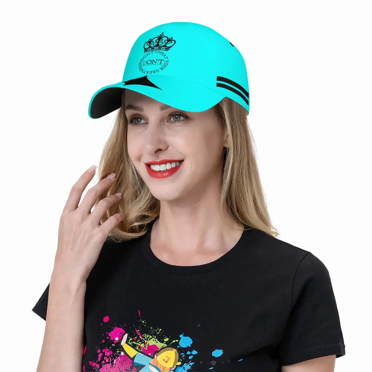 Royalty DON'T D4XV Black Logo, Stripes,  Designs & Turquoise  Curved Brim Baseball Cap (AOP)
