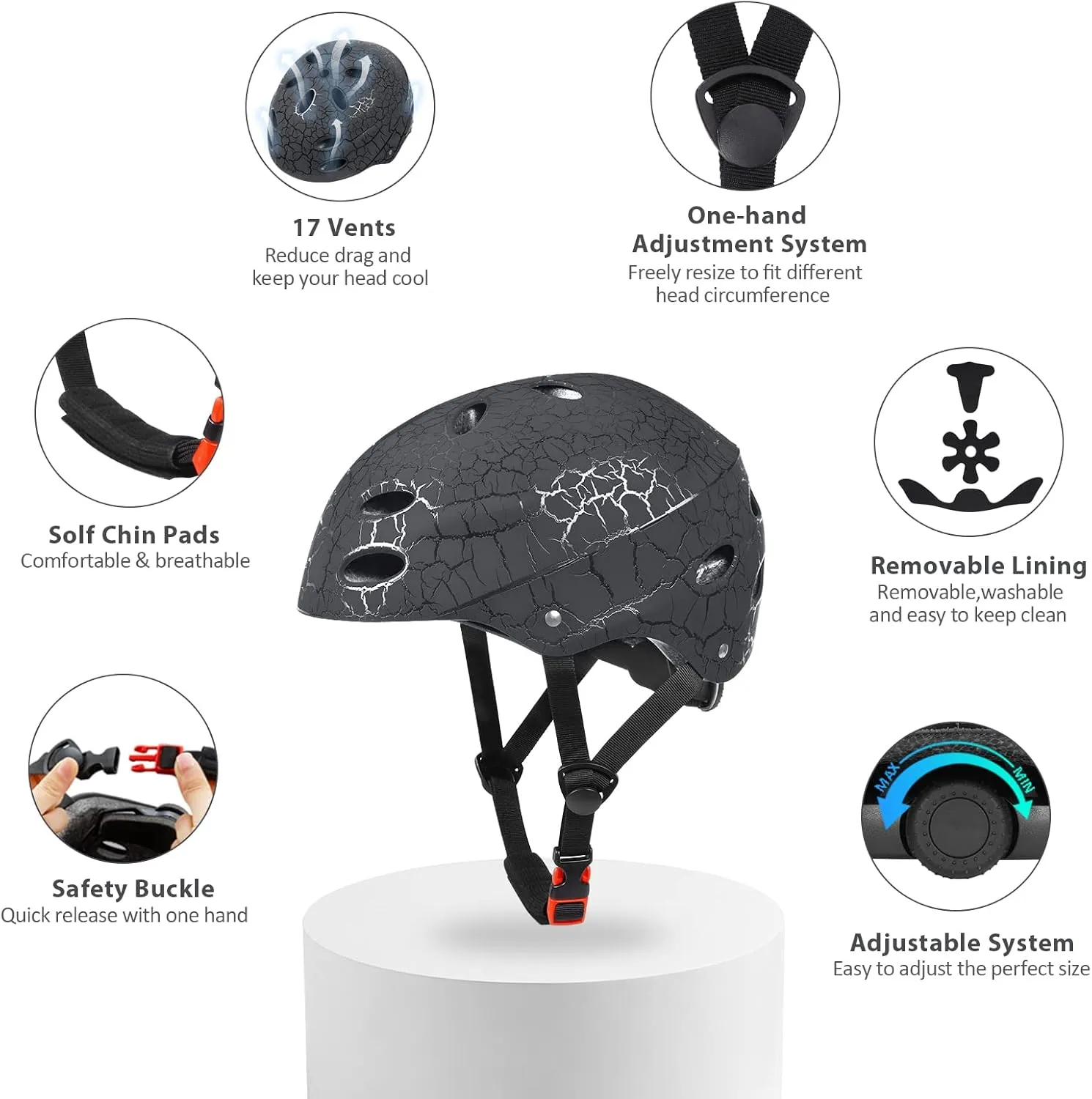 Skateboard Helmet Kids, Adjustable Skating Helmet,Breathable ABS Hard Shell Scooter Helmet for Multi-Sport Skateboarding Roller Skate BMX Boys Girls Ages 5-14 Children and Teens