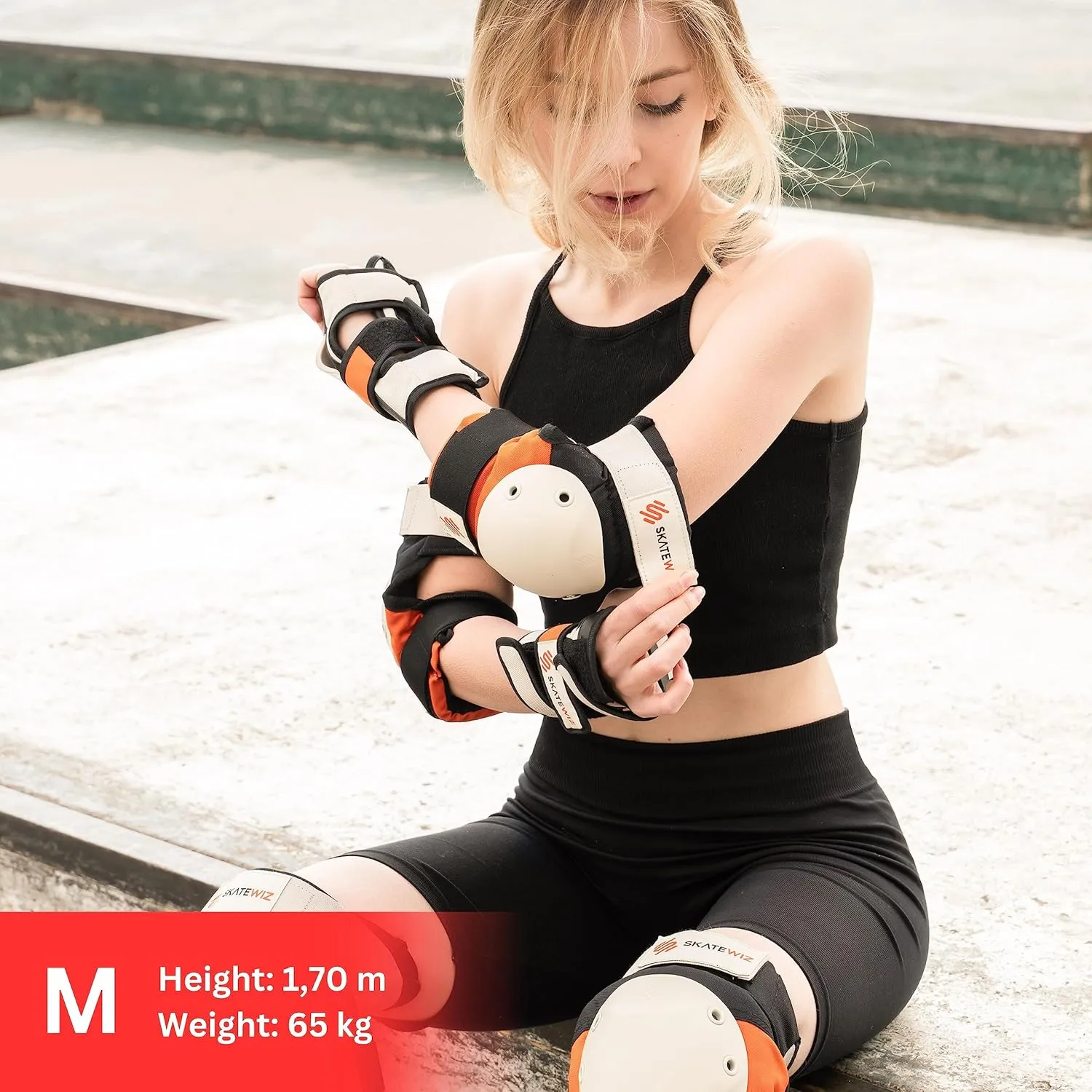 SKATEWIZ Knee and Elbow Pads Adult - Skating Protective Gear Adult Knee and Elbow Pads Set with Wrist Pads - SHIELD - Size M/L Orange - Roller Skate Protective Gear for Women & Men