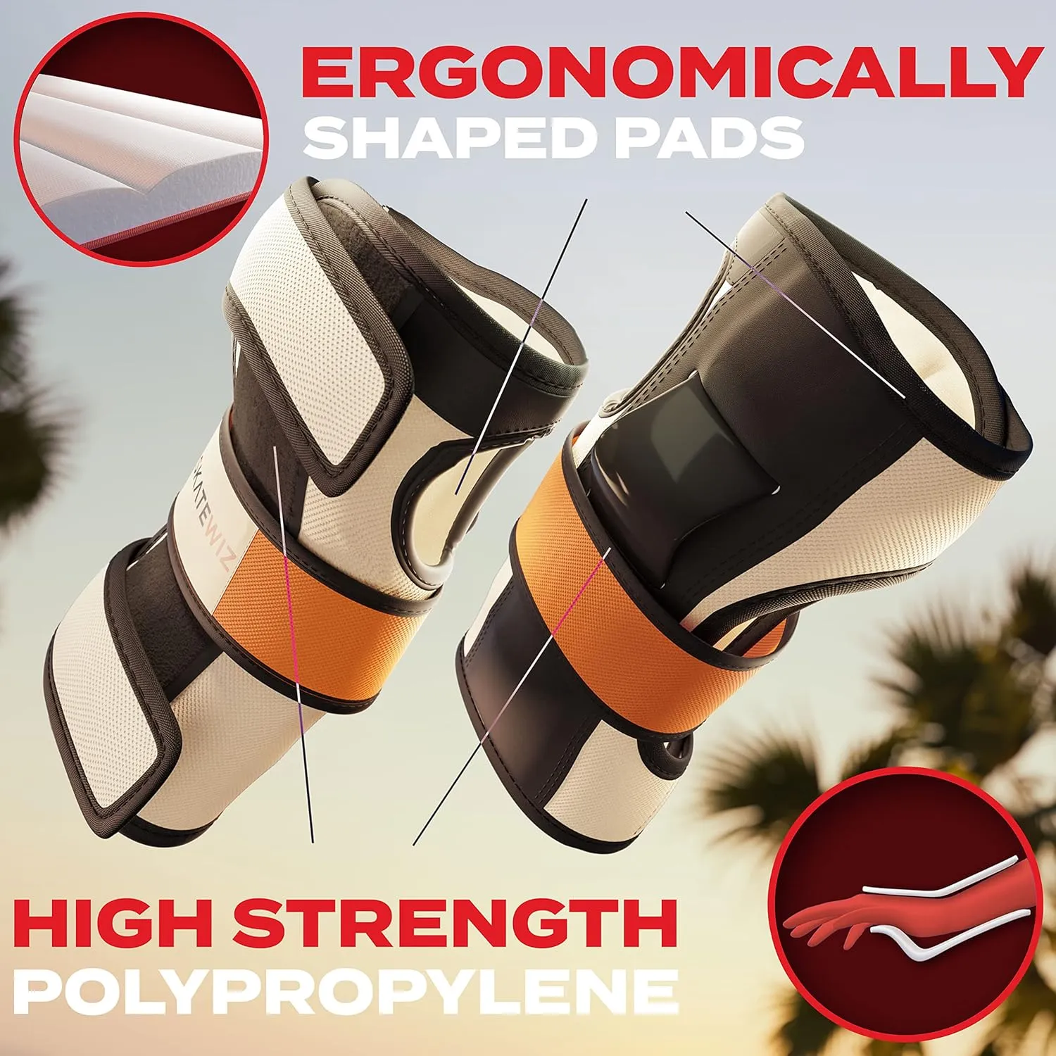 SKATEWIZ Knee and Elbow Pads Adult - Skating Protective Gear Adult Knee and Elbow Pads Set with Wrist Pads - SHIELD - Size M/L Orange - Roller Skate Protective Gear for Women & Men