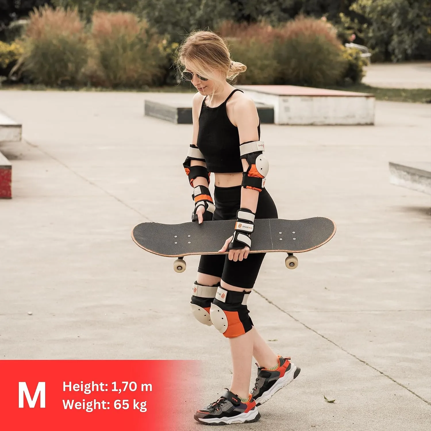 SKATEWIZ Knee and Elbow Pads Adult - Skating Protective Gear Adult Knee and Elbow Pads Set with Wrist Pads - SHIELD - Size M/L Orange - Roller Skate Protective Gear for Women & Men