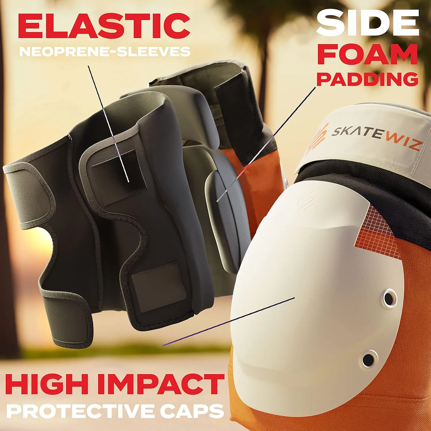 SKATEWIZ Knee and Elbow Pads Adult - Skating Protective Gear Adult Knee and Elbow Pads Set with Wrist Pads - SHIELD - Size M/L Orange - Roller Skate Protective Gear for Women & Men