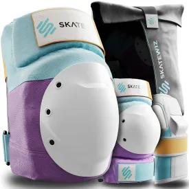 SKATEWIZ Knee and Elbow Pads Set for Adults - Roller Skating Protective Gear With Wrist Pads - Shield - Size M Lavender Blue - for Women & Men