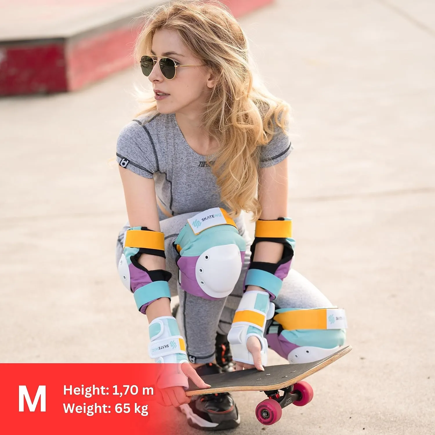 SKATEWIZ Knee and Elbow Pads Set for Adults - Roller Skating Protective Gear With Wrist Pads - Shield - Size M Lavender Blue - for Women & Men