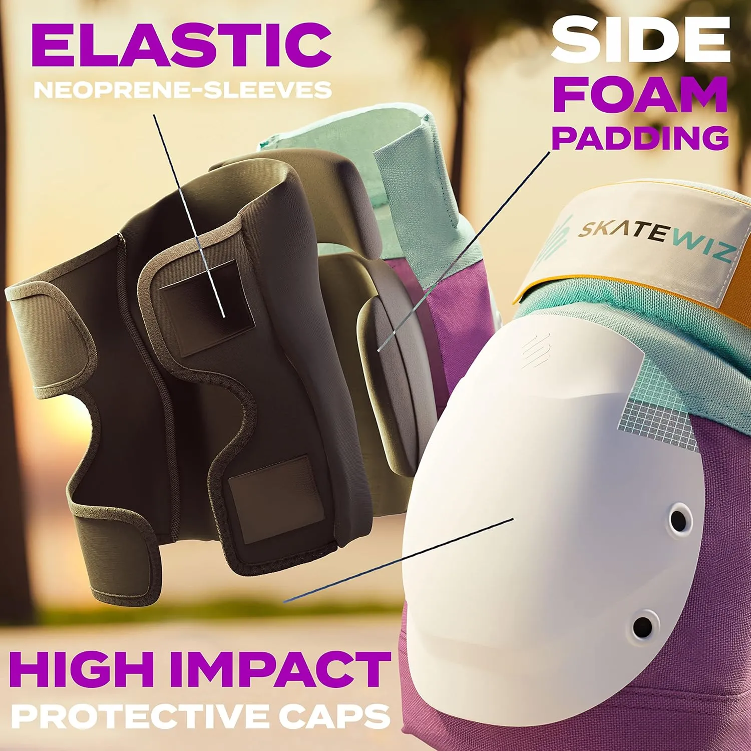 SKATEWIZ Knee and Elbow Pads Set for Adults - Roller Skating Protective Gear With Wrist Pads - Shield - Size M Lavender Blue - for Women & Men