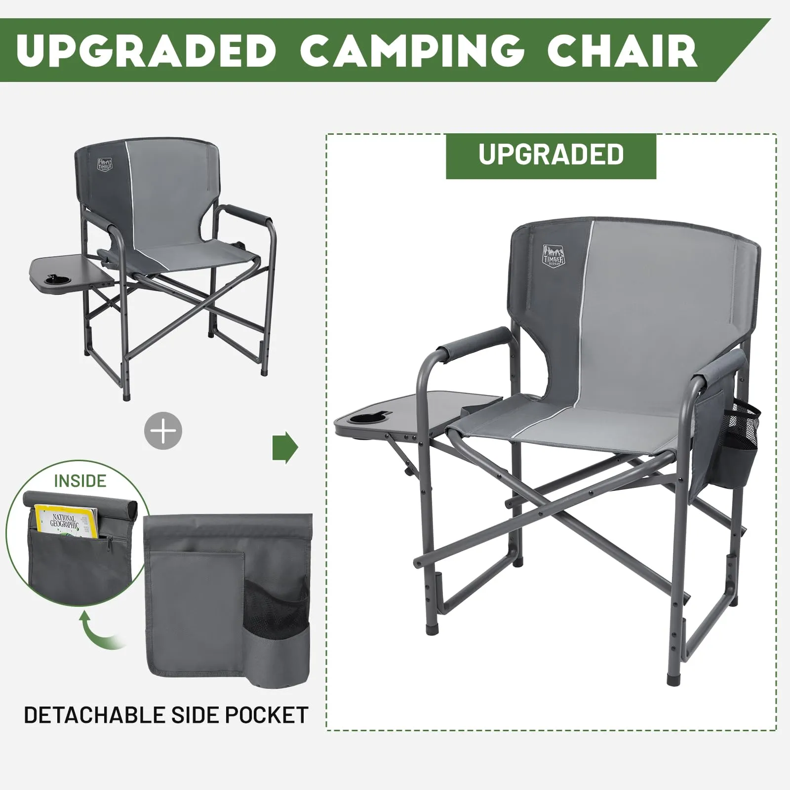 TIMBER RIDGE Lightweight Oversized Camping Chair, Portable Aluminum Directors Chair with Side Table Detachable Side Pocket for Outdoor Camping, Lawn, Picnic, Support 400lbs (Grey) Ideal Gift