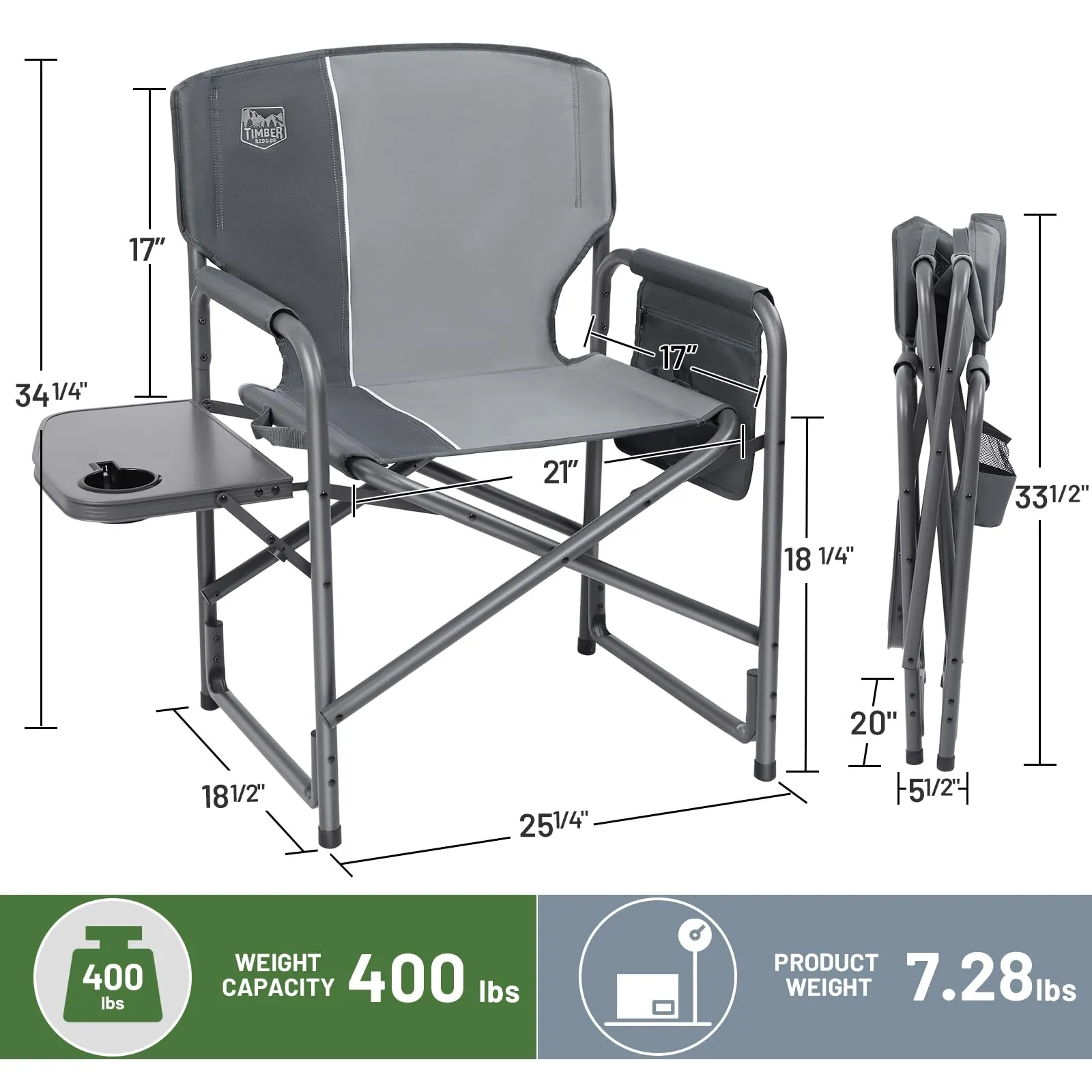 TIMBER RIDGE Lightweight Oversized Camping Chair, Portable Aluminum Directors Chair with Side Table Detachable Side Pocket for Outdoor Camping, Lawn, Picnic, Support 400lbs (Grey) Ideal Gift