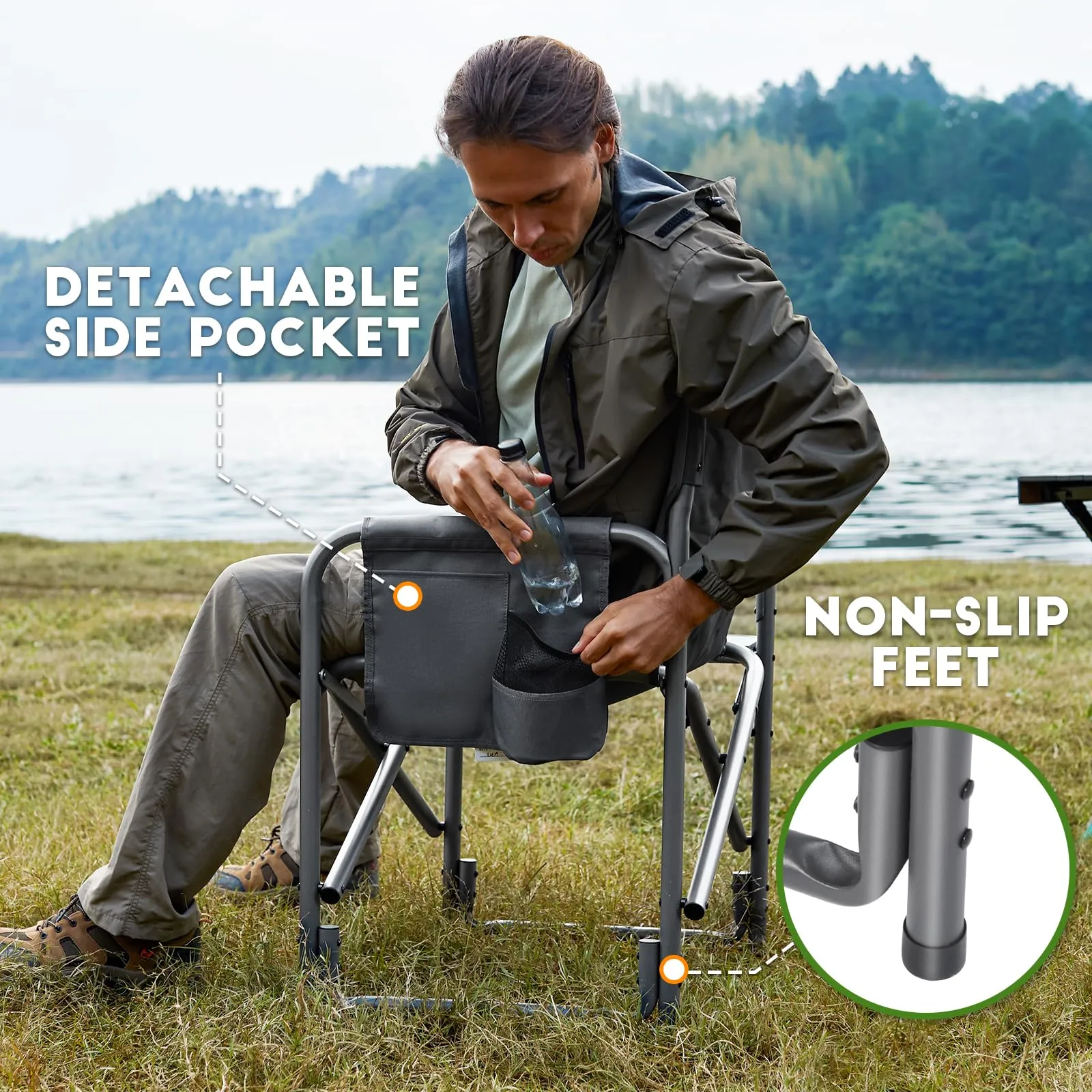 TIMBER RIDGE Lightweight Oversized Camping Chair, Portable Aluminum Directors Chair with Side Table Detachable Side Pocket for Outdoor Camping, Lawn, Picnic, Support 400lbs (Grey) Ideal Gift