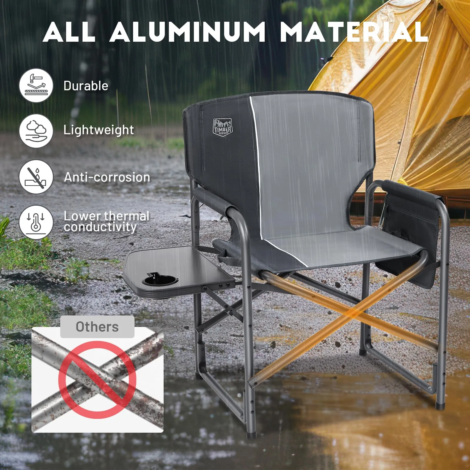 TIMBER RIDGE Lightweight Oversized Camping Chair, Portable Aluminum Directors Chair with Side Table Detachable Side Pocket for Outdoor Camping, Lawn, Picnic, Support 400lbs (Grey) Ideal Gift