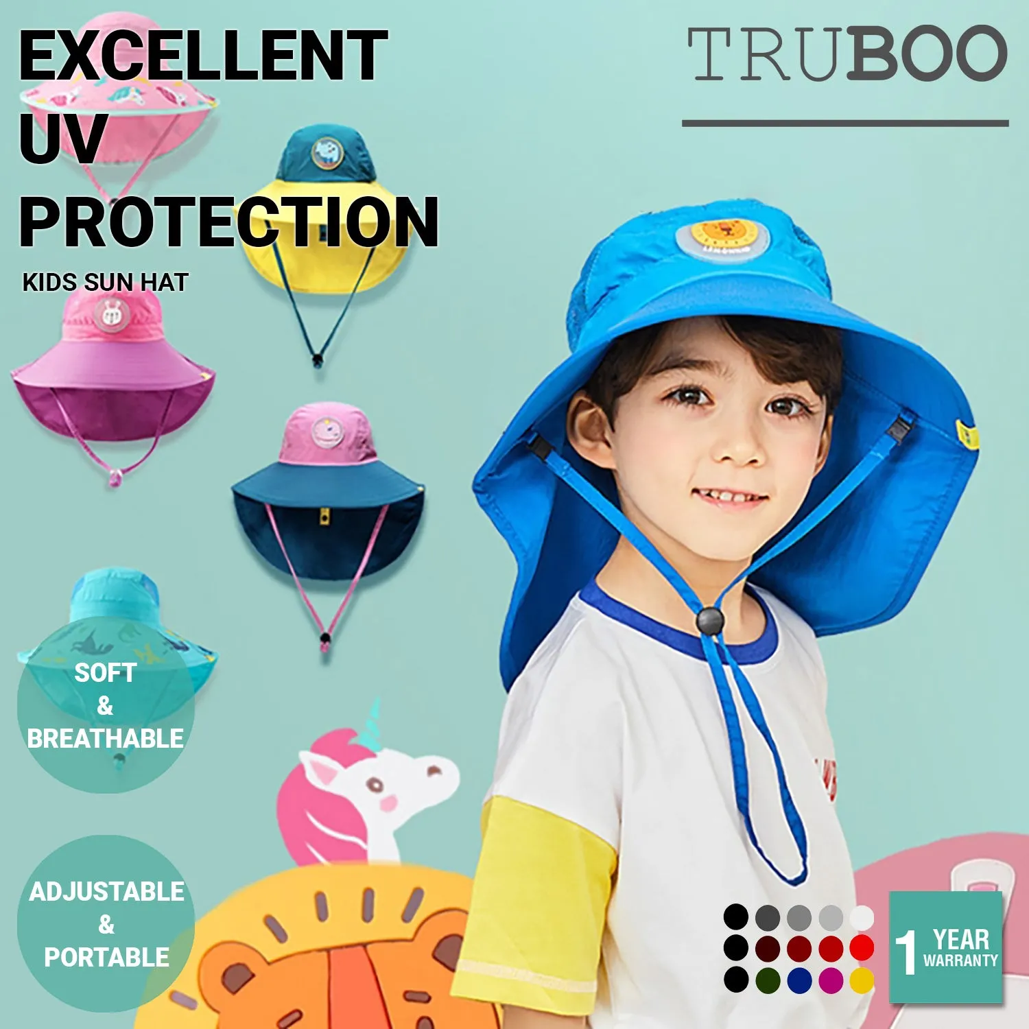 Truboo Kids Sun Hat Children Bucket Boys Girls Cap Summer Breach UV Protective